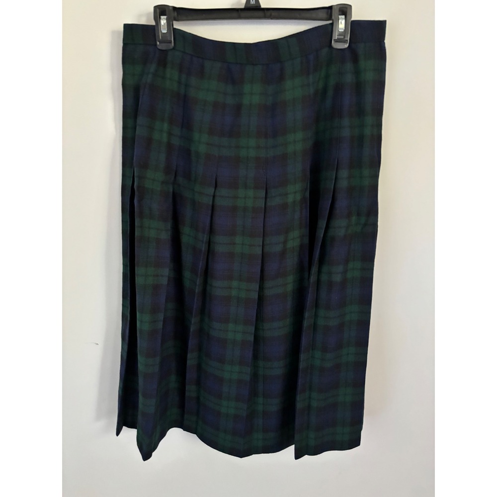 LL Bean Vintage Wool Black Watch Plaid Pleated Midi Skirt Made in USA Size 18